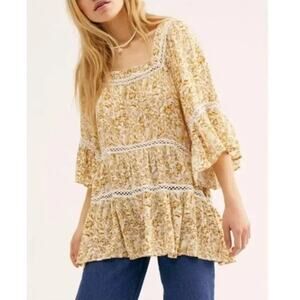 Free People Talk About It Floral Eyelet Tunic Shirt Sz M Woven Peasant Oversized